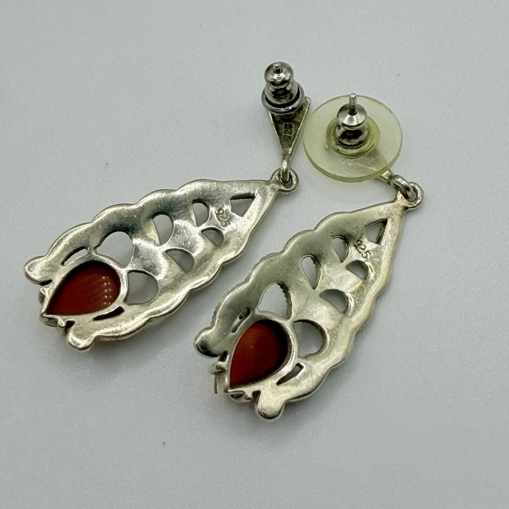 Vintage Sterling Silver 925 & Red Agate Marcasite Dangle Earrings Estate Formal